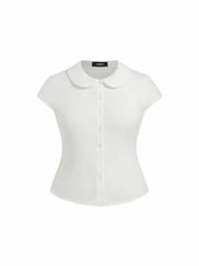 Cotton-blend Collar Lace Trim Button Front Tee Curve & Plus