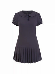 Cotton-blend Polo Peter Pan Collar Puff Sleeve Ruffled Pleated Shirt Mini Dress