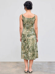 Scoop Neckline Floral Ruched Midi Dress