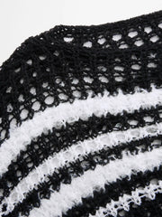 Knit Striped Boat Neck Hollow Out See-through Oversized Crop Top