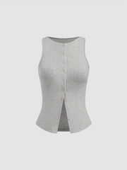 Round Neckline Solid Button Crop Tank Top