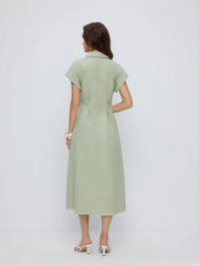 Linen-blend Short Sleeve Twist Knotted Shirt Midi Dress
