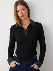 Plaid Collar Asymmetrical Hem Ruched Top