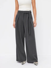 Mid Rise Pleated Tie Side Straight Leg Trousers