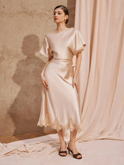 Satin Boat Neck Bowknot Top & Mid Rise Lace Trim Mermaid Maxi Skirt Set