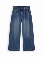 Denim Mid Rise Washed Elastic Waist Wide Leg Jeans
