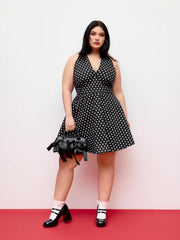 Cotton-blend Halter Neck Polka Dot Flared Mini Dress Curve & Plus