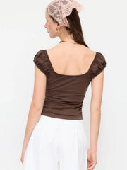 Cotton-blend V-Neck Floral Embroidery Ruched Puff Sleeve Top
