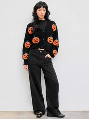 Knitted V-neck Pumpkin Button Cardigan