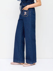 Floral Embroidery High-Waist Straight Leg Denim Jeans