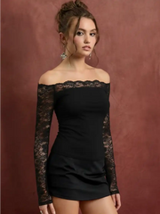 Lace Panel Off-shoulder Long Sleeve Crop Top