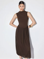 Textured High Neck Draped Straight Maxi Dress
