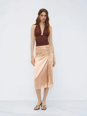 Satin Drawstring Split Midi Skirt