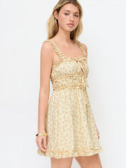 Cotton-blend Square Neck Ditsy Floral Lettuce Trim Knotted Mini Dress