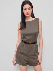Boat Neck Houndstooth Romper With Belt