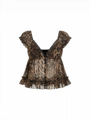 Leopard V-neck Sheer Lace Trim Ruffle Hem Blouse