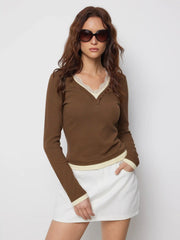 Cotton-blend V-neck Lace Panel Long Sleeve Top