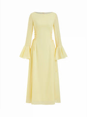 Chiffon Boat Neck Lace Up Ruffle Sleeve Flared Maxi Dress