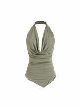 Halter Neckline Ruched Metal Detail Backless Top