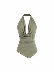 Halter Neckline Ruched Metal Detail Backless Top