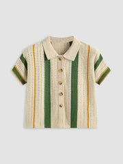 Knit Polo Striped Hollow Out Short Sleeve Top