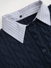 Cable Knit Striped Collar Two Tone Cardigan