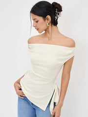 Off-shoulder Ruched Knotted Asymmetrical Hem Top