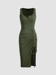 Rib Button Drawstring Midi Dress
