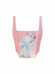Satin Square Neck Animal Graphic Zipper Backless Crop Top
