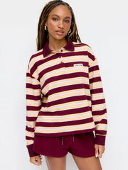 Cotton-blend Stripe Polo Neck Long Sleeve Oversized Sweatshirt