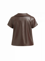 Faux Leather Peter Pan Collar Button Short Sleeve Crop Blouse