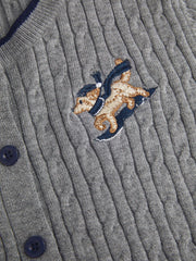 Embroidered Dog Cable Knit Button-Up Short Sleeve