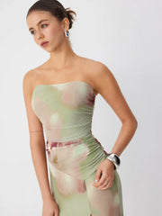 Mesh Floral Graphic Bandeau Drawstring Mermaid Maxi Dress