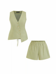 Linen-blend Asymmetrical Hem Lace Up Vest & Mid Rise Shorts Set Curve & Plus