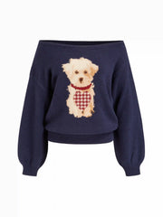 Knit Asymmetrical Neck Puppy Pattern Top