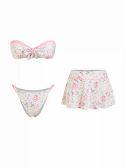Floral Tile Strapless Bowknot Bandeau & Low Rise Skirt Bikini Set
