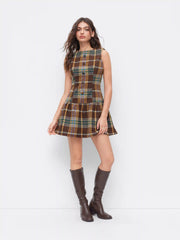 Round Neckline Tartan Ruffle Mini Babydoll Dress