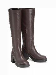 SQUARE TOE CHUNKY HEELED FAUX LEATHER KNEE HIGH BOOTS