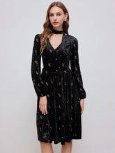 Velvet V-neck Floral Embroidery Midi Dress With Scarf