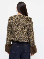 Wool-look Leopard Long Sleeve Faux Fur Trim Metal Button Jacket