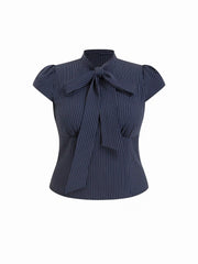 Striped Stand Collar Cut Out Blouse With Scarf Curve & Plus