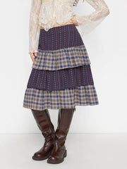 Cotton Mid Rise Check & Floral Two Tone Layered Midi Skirt