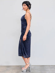Cowl Neck Glitter Ruched Split Drawstring Maxi Dress