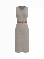 Knit U-neckline Half Zip Midi Dress With Belt
