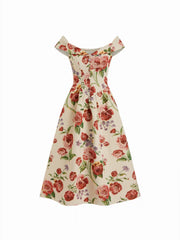 Jacquard Floral Sweetheart Off-shoulder Flared Midi Dress