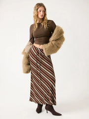 Boat Neck Solid Top & Mid Rise Striped Drawstring Maxi Skirt Set