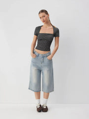 Striped Square Neck Ruched Short Sleeve Top