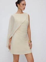 Textured Boat Neck Ruched Asymmetrical Draped A-line Mini Dress