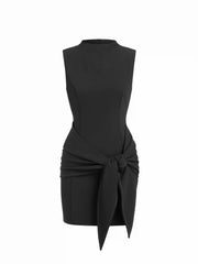 Stand Collar Zipper Knotted Mini Dress