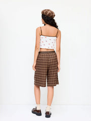 Tartan Mid Rise Pleated Bermuda Shorts With Belt